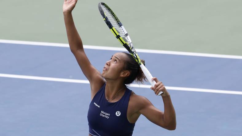 Aug 29, 2023; Flushing, NY, USA; Leylah Fernandez of Canada serves against Ekaterina Alexandrova (not pictured) on day two of the 2023 U.S. Open tennis tournament at USTA Billie Jean King National Tennis Center. Mandatory Credit: Geoff Burke-USA TODAY Sports