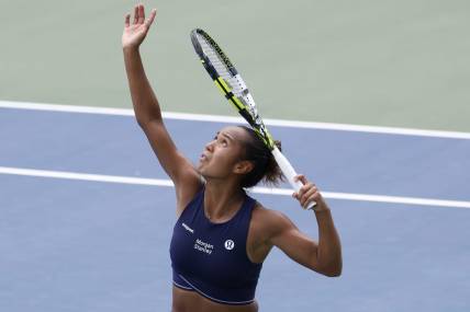 Aug 29, 2023; Flushing, NY, USA; Leylah Fernandez of Canada serves against Ekaterina Alexandrova (not pictured) on day two of the 2023 U.S. Open tennis tournament at USTA Billie Jean King National Tennis Center. Mandatory Credit: Geoff Burke-USA TODAY Sports