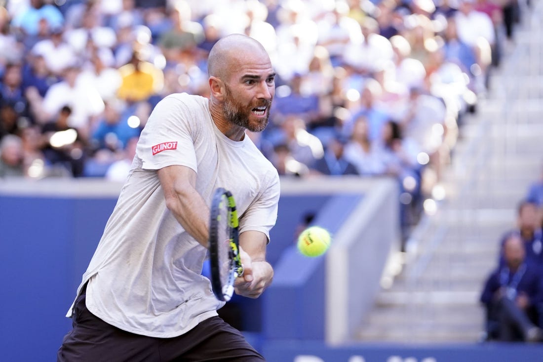 Sep 1, 2023; Flushing, NY, USA; Adrian Mannarino of France hits to Frances Tiafoe of the United States on day five of the 2023 U.S. Open tennis tournament at USTA Billie Jean King National Tennis Center. Mandatory Credit: Danielle Parhizkaran-USA TODAY Sports