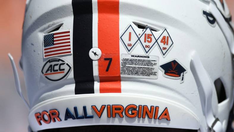 Sep 2, 2023; Nashville, Tennessee, USA; Detail view of helmet stickers on the helmet of Virginia Cavaliers running back Mike Hollins (7) during the second half against the Tennessee Volunteers at Nissan Stadium. Mandatory Credit: Christopher Hanewinckel-USA TODAY Sports