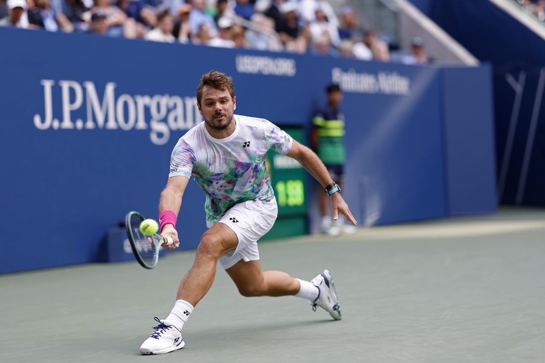 Sep 2, 2023; Flushing, NY, USA; Stan Wawrinka of Switzerland reaches for a forehand against Jannik Sinner of Italy (not pictured) on day six of the 2023 U.S. Open tennis tournament at USTA Billie Jean King National Tennis Center. Mandatory Credit: Geoff Burke-USA TODAY Sports