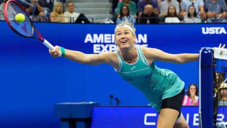 Sept 2, 2023; Flushing, NY, USA; Marie Bouzkova of Czech Republic hits to Ons Jabur of Tunisia on day six of the 2023 U.S. Open tennis tournament at USTA Billie Jean King National Tennis Center. Mandatory Credit: Robert Deutsch-USA TODAY Sports