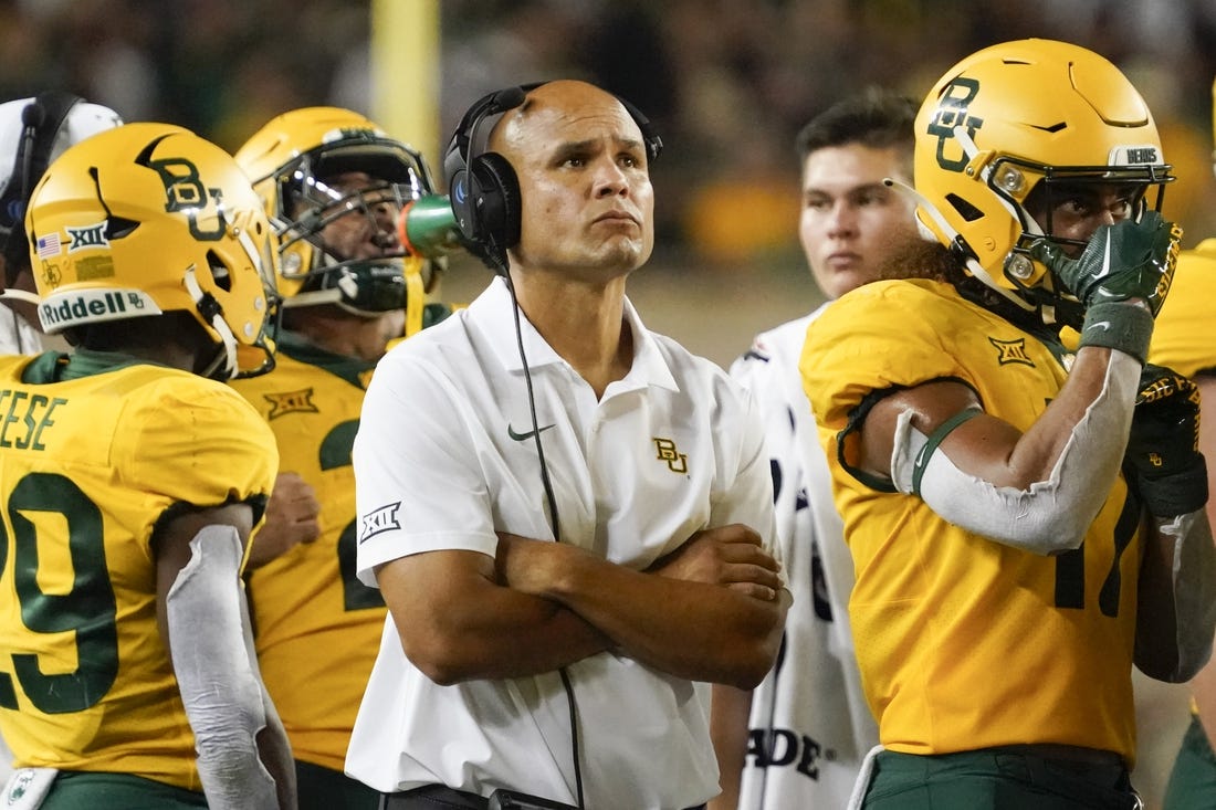 Sep 2, 2023; Waco, Texas, USA; Baylor Bears head coach Dave Aranda on the sidelines during the second half against the Texas State Bobcats at McLane Stadium. Mandatory Credit: Raymond Carlin III-USA TODAY Sports