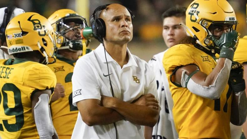 Sep 2, 2023; Waco, Texas, USA; Baylor Bears head coach Dave Aranda on the sidelines during the second half against the Texas State Bobcats at McLane Stadium. Mandatory Credit: Raymond Carlin III-USA TODAY Sports