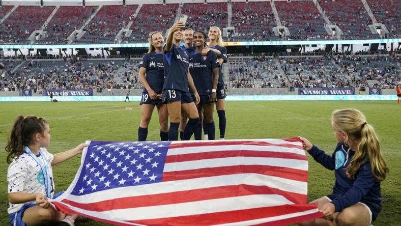 Sep 3, 2023; San Diego, California, USA; San Diego Wave FC team members are are honored for their time playing in the Women   s World Cup at Snapdragon Stadium. Mandatory Credit: Ray Acevedo-USA TODAY Sports