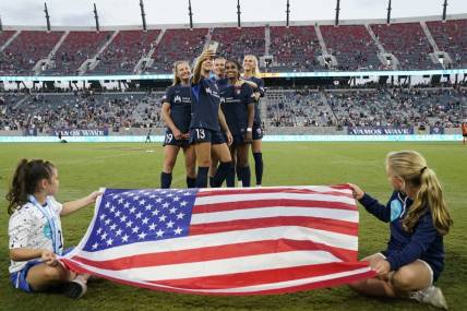 Sep 3, 2023; San Diego, California, USA; San Diego Wave FC team members are are honored for their time playing in the Women   s World Cup at Snapdragon Stadium. Mandatory Credit: Ray Acevedo-USA TODAY Sports