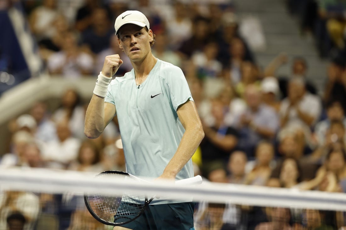 Sep 4, 2023; Flushing, NY, USA; Jannik Sinner of Italy reacts after winning a point against Alexander Zverev of Germany (not pictured) on day eight of the 2023 U.S. Open tennis tournament at USTA Billie Jean King National Tennis Center. Mandatory Credit: Geoff Burke-USA TODAY Sports