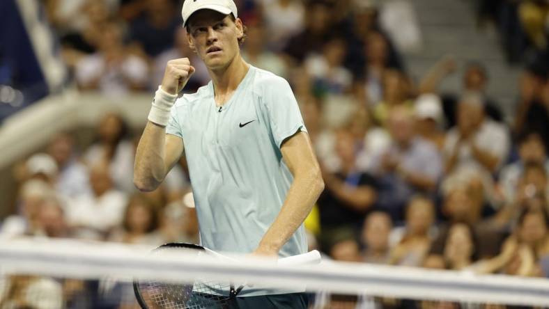 Sep 4, 2023; Flushing, NY, USA; Jannik Sinner of Italy reacts after winning a point against Alexander Zverev of Germany (not pictured) on day eight of the 2023 U.S. Open tennis tournament at USTA Billie Jean King National Tennis Center. Mandatory Credit: Geoff Burke-USA TODAY Sports