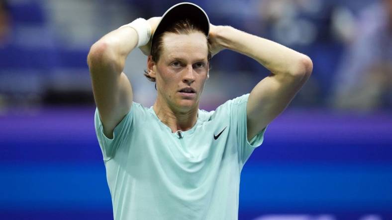 Sep 4, 2023; Flushing, NY, USA; Jannik Sinner of Italy reacts to an error against Alexander Zverev of Germany on day eight of the 2023 U.S. Open tennis tournament at USTA Billie Jean King National Tennis Center. Mandatory Credit: Danielle Parhizkaran-USA TODAY Sports