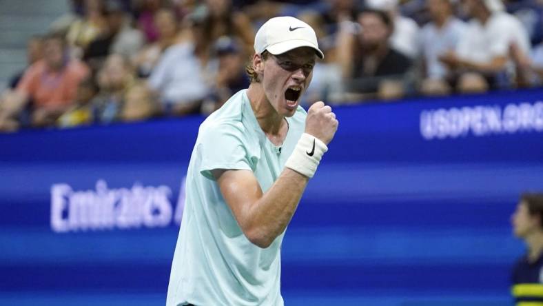 Sep 4, 2023; Flushing, NY, USA; Jannik Sinner of Italy wins a game against Alexander Zverev of Germany on day eight of the 2023 U.S. Open tennis tournament at USTA Billie Jean King National Tennis Center. Mandatory Credit: Danielle Parhizkaran-USA TODAY Sports