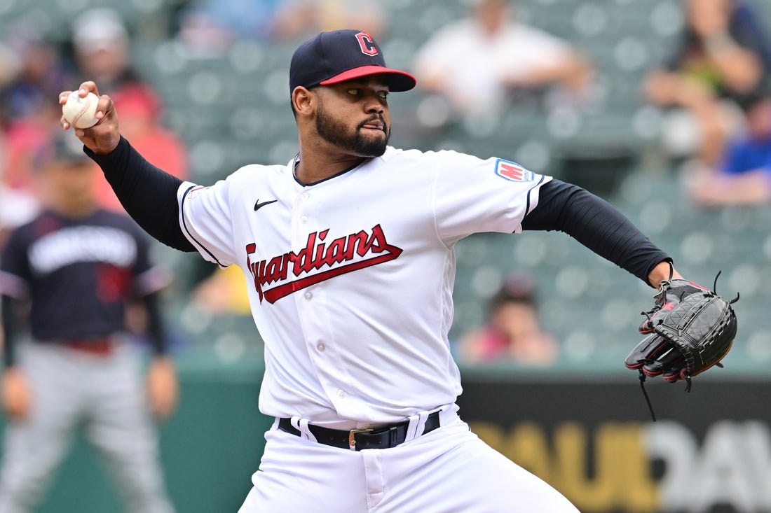 Sep 6, 2023; Cleveland, Ohio, USA; Cleveland Guardians pitcher Reynaldo Lopez throws a pitch during the seventh inning against the Minnesota Twins at Progressive Field. Mandatory Credit: Ken Blaze-USA TODAY Sports