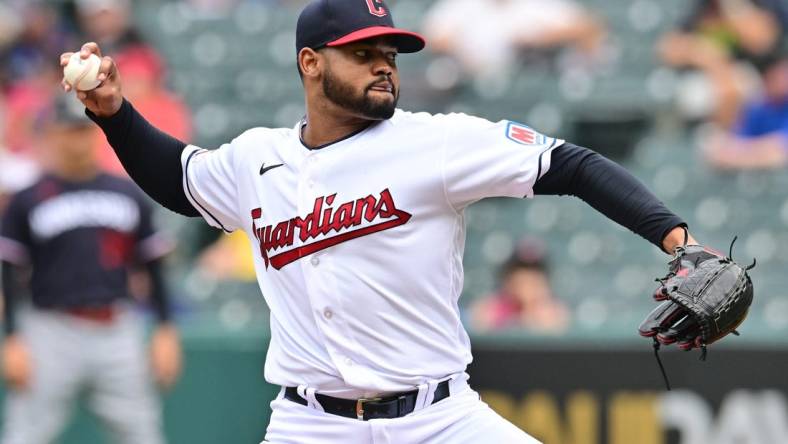 Sep 6, 2023; Cleveland, Ohio, USA; Cleveland Guardians pitcher Reynaldo Lopez throws a pitch during the seventh inning against the Minnesota Twins at Progressive Field. Mandatory Credit: Ken Blaze-USA TODAY Sports