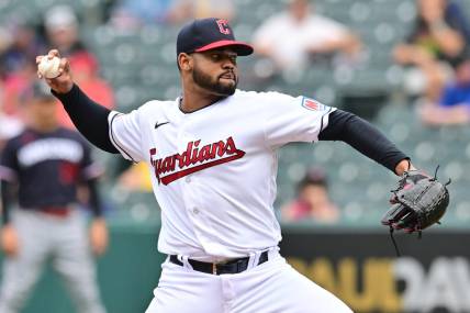 Sep 6, 2023; Cleveland, Ohio, USA; Cleveland Guardians pitcher Reynaldo Lopez throws a pitch during the seventh inning against the Minnesota Twins at Progressive Field. Mandatory Credit: Ken Blaze-USA TODAY Sports