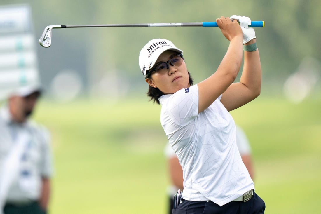 Nasa Hataoka, of Ibaraki, Japan, hits an approach shot on hole 1 during round 1 of the 2023 Kroger Queen City Championship in at Kenwood Country Club in Madeira, Ohio, on Thursday, Sept. 7, 2023.