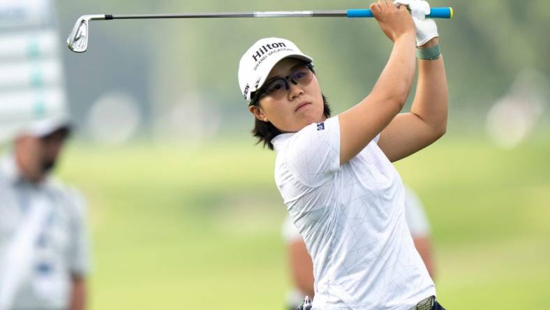 Nasa Hataoka, of Ibaraki, Japan, hits an approach shot on hole 1 during round 1 of the 2023 Kroger Queen City Championship in at Kenwood Country Club in Madeira, Ohio, on Thursday, Sept. 7, 2023.