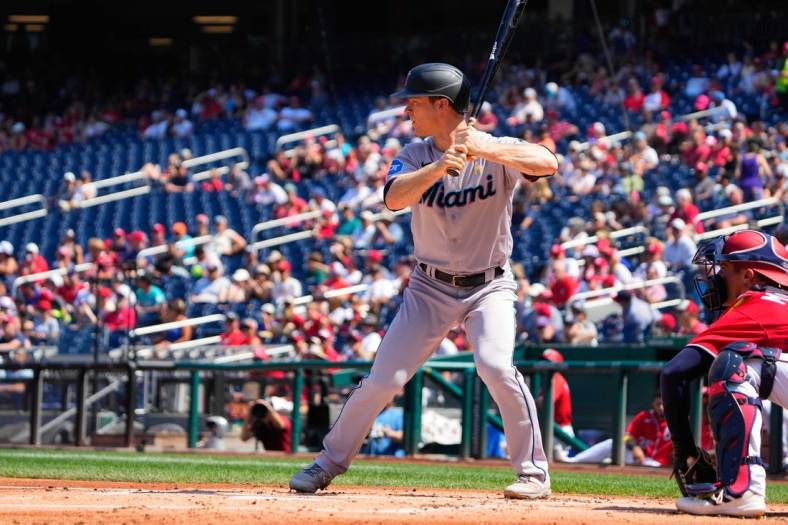 Sep 3, 2023; Washington, District of Columbia, USA;  Miami Marlins shortstop Joey Wendle (18) at bat against the Washington Nationals during the first inning at Nationals Park. Mandatory Credit: Gregory Fisher-USA TODAY Sports