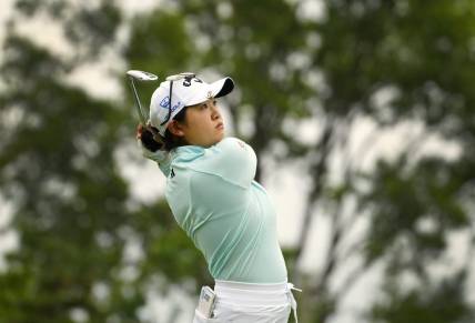 Sep 8, 2023; Madeira, OH, USA;  Rose Zhang, Irvine, Calif., tees off the 14th hole in the 2023 Kroger Queen City Championship presented by P&G at Kenwood Country Club in Madeira, Ohio, Friday, Sept. 8, 2023. Mandatory Credit: Liz Dufour-USA TODAY Sports