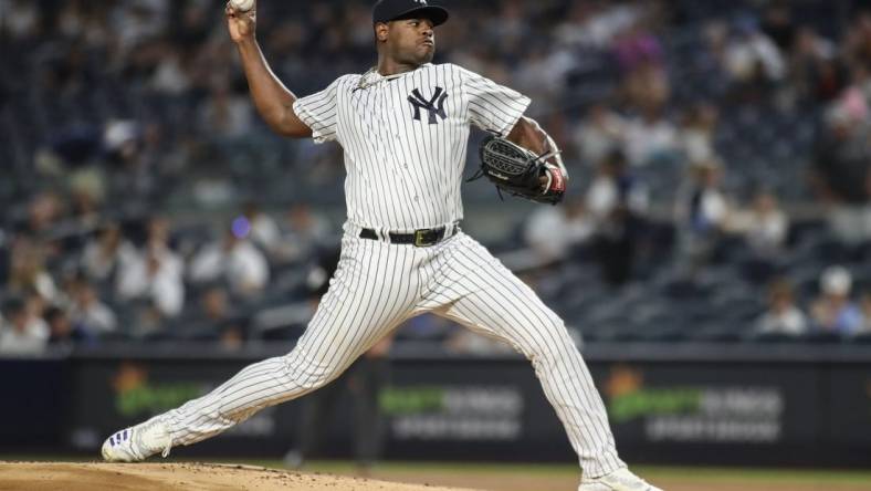 Sep 8, 2023; Bronx, New York, USA;  New York Yankees starting pitcher Luis Severino (40) pitches in the first inning against the Milwaukee Brewers at Yankee Stadium. Mandatory Credit: Wendell Cruz-USA TODAY Sports