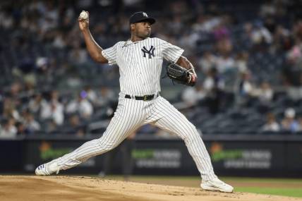 Sep 8, 2023; Bronx, New York, USA;  New York Yankees starting pitcher Luis Severino (40) pitches in the first inning against the Milwaukee Brewers at Yankee Stadium. Mandatory Credit: Wendell Cruz-USA TODAY Sports