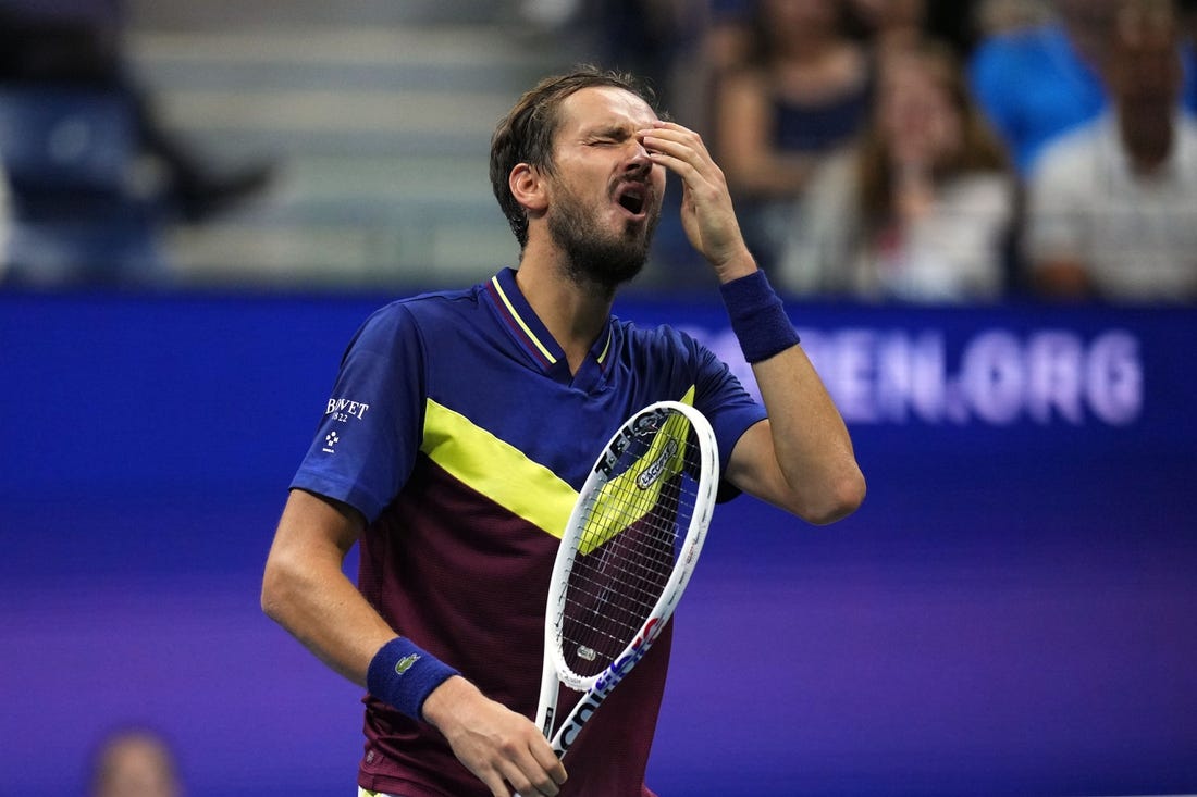 Sep 8, 2023; Flushing, NY, USA; Daniil Medvedev reacts after an error against Carlos Alcaraz of Spain in a men's singles semifinal on day twelve of the 2023 U.S. Open tennis tournament at USTA Billie Jean King Tennis Center. Mandatory Credit: Danielle Parhizkaran-USA TODAY Sports