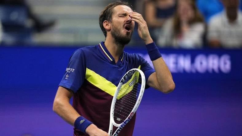 Sep 8, 2023; Flushing, NY, USA; Daniil Medvedev reacts after an error against Carlos Alcaraz of Spain in a men's singles semifinal on day twelve of the 2023 U.S. Open tennis tournament at USTA Billie Jean King Tennis Center. Mandatory Credit: Danielle Parhizkaran-USA TODAY Sports