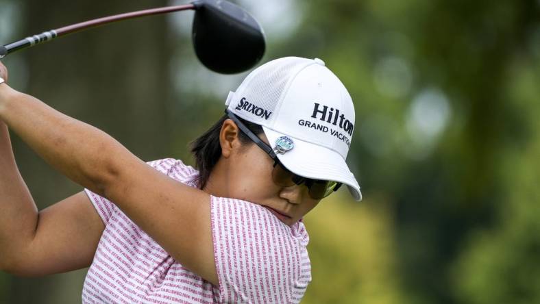 Sep 9, 2023; Cincinnati, Ohio, USA; Nasa Hataoka, of Ibararaki, Japan, hits a drive on the second hole at the 2023 Kroger Queen City Championship presented by P&G at Kenwood Country Club.  Mandatory Credit: Carter Skaggs/The Enquirer-USA TODAY Sports