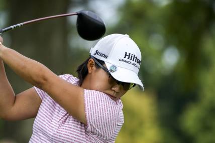 Sep 9, 2023; Cincinnati, Ohio, USA; Nasa Hataoka, of Ibararaki, Japan, hits a drive on the second hole at the 2023 Kroger Queen City Championship presented by P&G at Kenwood Country Club.  Mandatory Credit: Carter Skaggs/The Enquirer-USA TODAY Sports