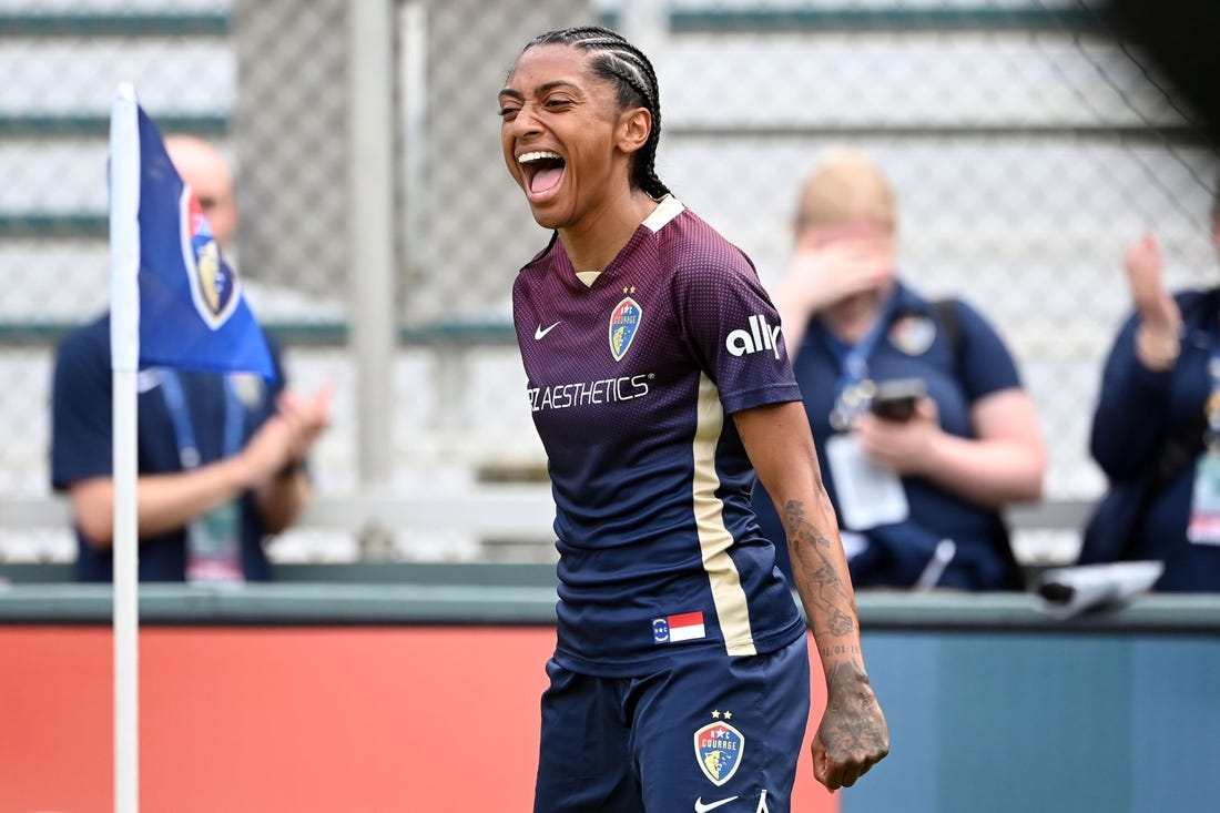 Sep 9, 2023; Cary, North Carolina, USA;  North Carolina Courage forward Kerolin Nicoli (9) celebrates after scoring a goal against the Racing Louisville FC in the first half at WakeMed Soccer Park. Mandatory Credit: Bob Donnan-USA TODAY Sports