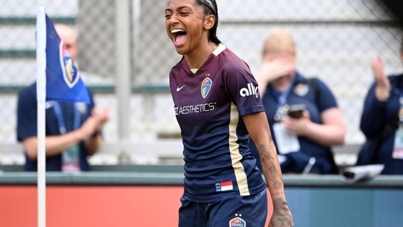 Sep 9, 2023; Cary, North Carolina, USA;  North Carolina Courage forward Kerolin Nicoli (9) celebrates after scoring a goal against the Racing Louisville FC in the first half at WakeMed Soccer Park. Mandatory Credit: Bob Donnan-USA TODAY Sports