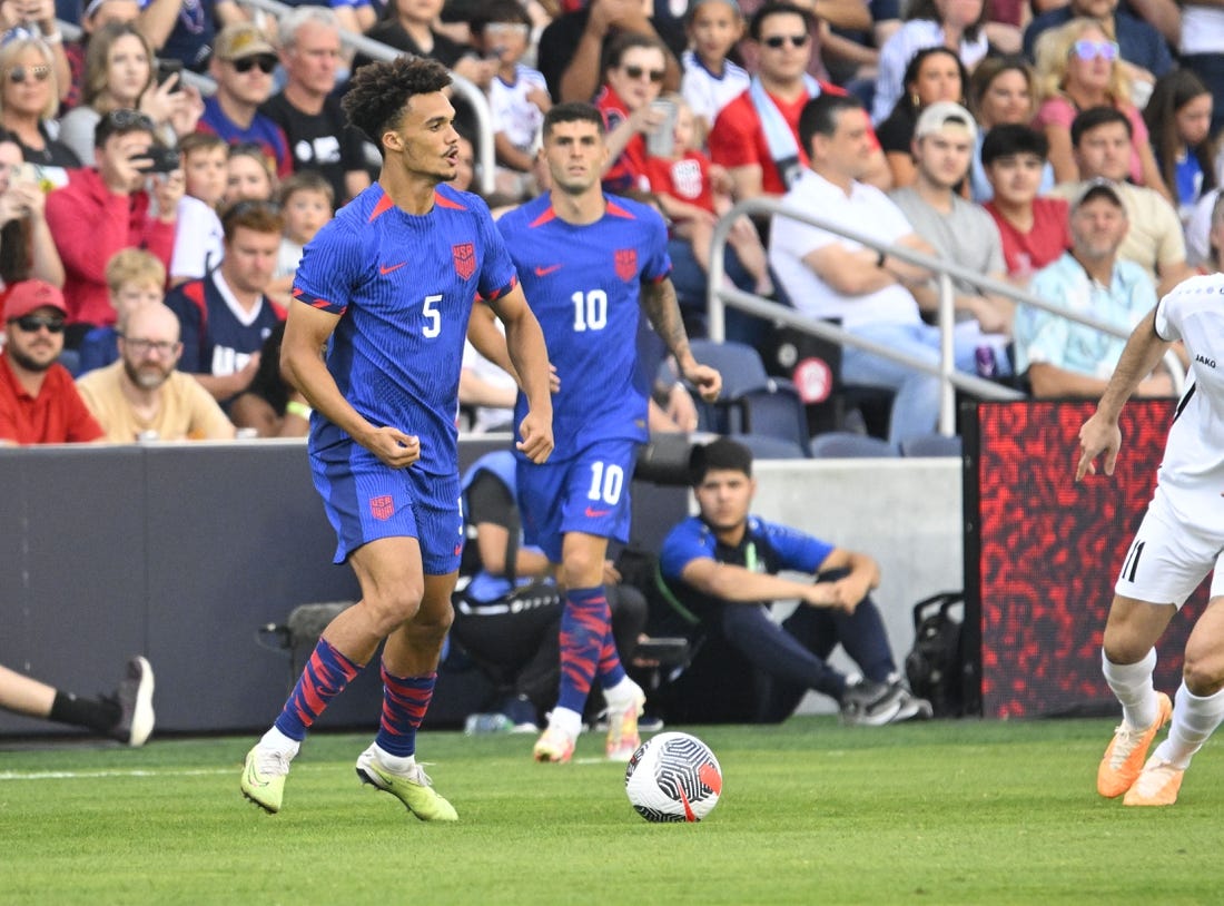 Sep 9, 2023; St. Louis, Missouri, UNITED STATES; United States' Antonee Robinson (5) during the match against Uzbekistan at CITY Park. Mandatory Credit: Scott Rovak-USA TODAY Sports