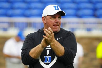 Sep 9, 2023; Durham, North Carolina, USA;  Duke Blue Devils head coach Mike Elko looks on before the game against the Lafayette Leopards at Wallace Wade Stadium. Mandatory Credit: James Guillory-USA TODAY Sports