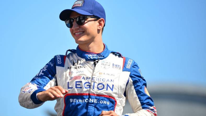 Sep 10, 2023; Salinas, California, USA; Chip Ganassi Racing driver Alex Palou (10) of Spain is introduced before the Grand Prix of Monterey at WeatherTech Raceway Laguna Seca. Mandatory Credit: Gary A. Vasquez-USA TODAY Sports