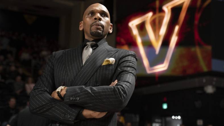 Vanderbilt head coach Jerry Stackhouse looks out onto the court before their game against Auburn at Memorial Gymnasium on Feb. 18, 2023, in Nashville.