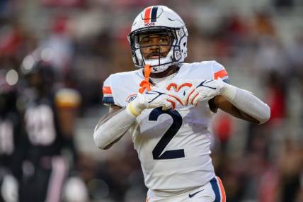 Sep 15, 2023; College Park, Maryland, USA; Virginia Cavaliers running back Perris Jones (2) reacts after scoring a touchdown during the first quarter against the Maryland Terrapins at SECU Stadium. Mandatory Credit: Reggie Hildred-USA TODAY Sports