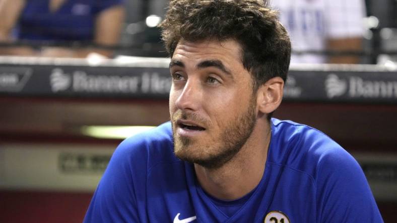 Sep 15, 2023; Phoenix, Arizona, USA; Chicago Cubs center fielder Cody Bellinger (24) gets ready for a game against the Arizona Diamondbacks at Chase Field. Mandatory Credit: Rick Scuteri-USA TODAY Sports