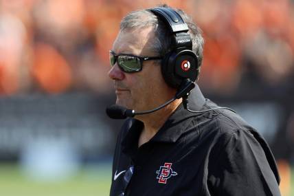 Sep 16, 2023; Corvallis, Oregon, USA;  San Diego State Aztecs head coach Brady Hoke looks onto the field during the second half against the Oregon State Beavers at Reser Stadium. Mandatory Credit: Soobum Im-USA TODAY Sports