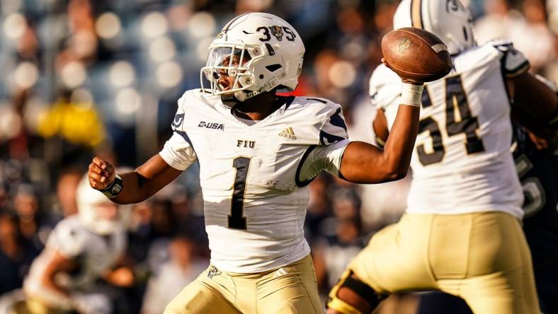 Sep 16, 2023; East Hartford, Connecticut, USA; FIU Golden Panthers quarterback Keyone Jenkins (1) throws a pass against the UConn Huskies at Rentschler Field at Pratt & Whitney Stadium. Mandatory Credit: David Butler II-USA TODAY Sports