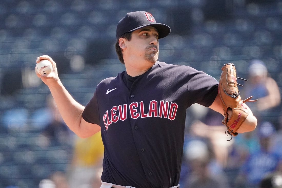 Sep 18, 2023; Kansas City, Missouri, USA; Cleveland Guardians starting pitcher Cal Quantrill (47) delivers against the Kansas City Royals in the first inning at Kauffman Stadium. Mandatory Credit: Denny Medley-USA TODAY Sports