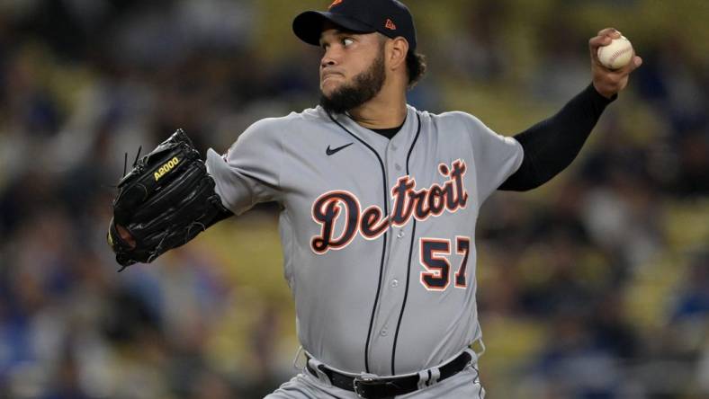 Sep 18, 2023; Los Angeles, California, USA;  Detroit Tigers starting pitcher Eduardo Rodriguez (57) delivers in the first inning against the Los Angeles Dodgers at Dodger Stadium. Mandatory Credit: Jayne Kamin-Oncea-USA TODAY Sports