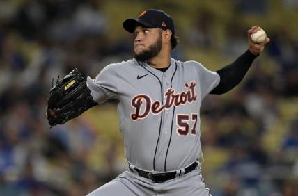 Sep 18, 2023; Los Angeles, California, USA;  Detroit Tigers starting pitcher Eduardo Rodriguez (57) delivers in the first inning against the Los Angeles Dodgers at Dodger Stadium. Mandatory Credit: Jayne Kamin-Oncea-USA TODAY Sports