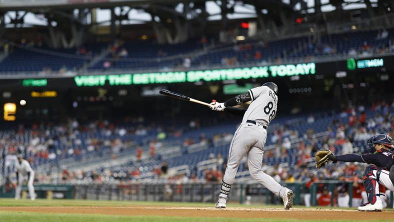 Chicago White Sox center fielder Luis Robert Jr. (88) is no longer considered off-limits in trade talks. Mandatory Credit: Geoff Burke-USA TODAY Sports