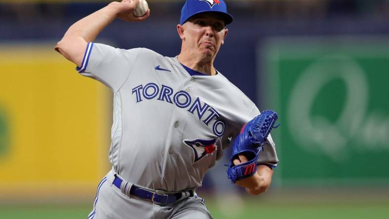 Sep 23, 2023; St. Petersburg, Florida, USA;  Toronto Blue Jays relief pitcher Chad Green (37) throws a pitch against the Tampa Bay Rays in the sixth inning at Tropicana Field. Mandatory Credit: Nathan Ray Seebeck-USA TODAY Sports