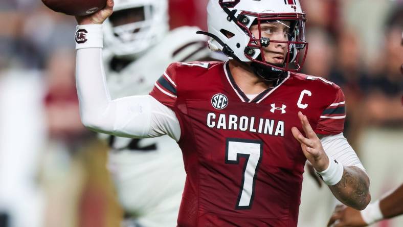 Sep 23, 2023; Columbia, South Carolina, USA; South Carolina Gamecocks quarterback Spencer Rattler (7) passes against the Mississippi State Bulldogs in the second quarter at Williams-Brice Stadium. Mandatory Credit: Jeff Blake-USA TODAY Sports