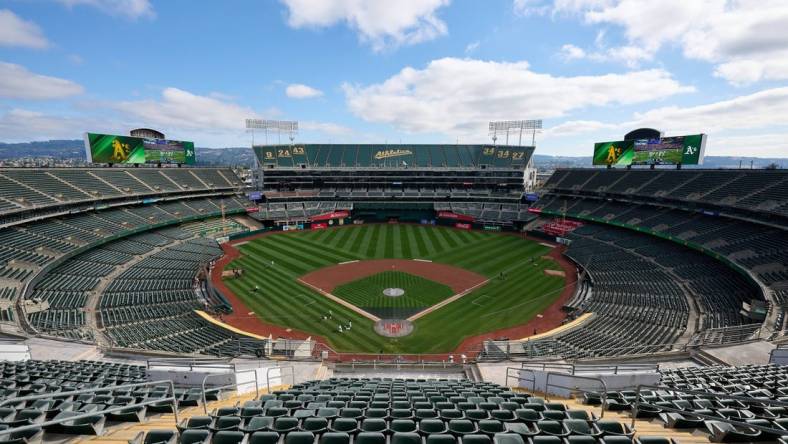 Sep 24, 2023; Oakland, California, USA; A general view of Oakland-Alameda County Coliseum from the third seating level before the game between the Detroit Tigers and the Oakland Athletics Coliseum. Mandatory Credit: Robert Edwards-USA TODAY Sports