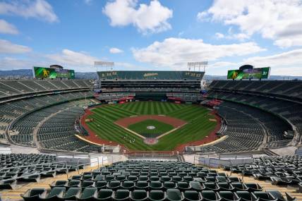 Sep 24, 2023; Oakland, California, USA; A general view of Oakland-Alameda County Coliseum from the third seating level before the game between the Detroit Tigers and the Oakland Athletics Coliseum. Mandatory Credit: Robert Edwards-USA TODAY Sports