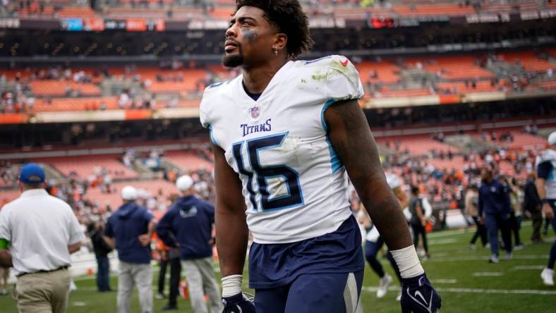 Tennessee Titans wide receiver Treylon Burks exits the field after losing to the Cleveland Browns 27-3 in Cleveland, Ohio, Sunday, Sept. 24, 2023.