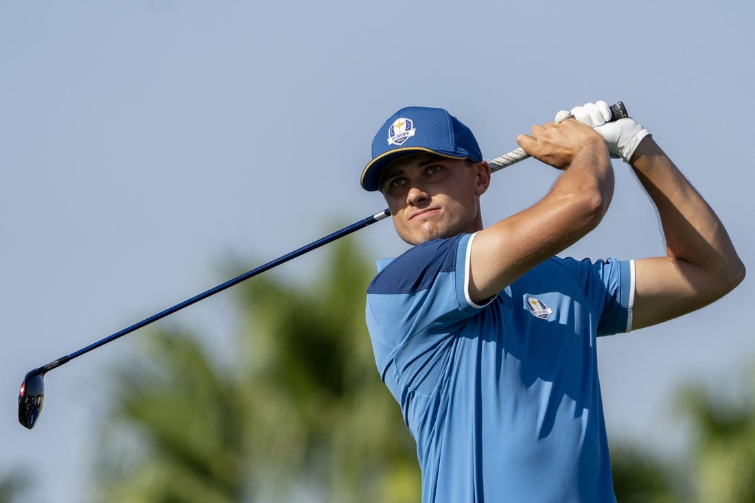 September 27, 2023; Rome, ITA; Team Europe golfer Ludvig Aberg hits his tee shot on the 10th hole during a practice day for the Ryder Cup golf competition at Marco Simone Golf and Country Club. Mandatory Credit: Kyle Terada-USA TODAY Sports