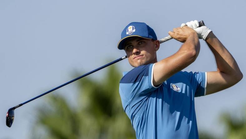 September 27, 2023; Rome, ITA; Team Europe golfer Ludvig Aberg hits his tee shot on the 10th hole during a practice day for the Ryder Cup golf competition at Marco Simone Golf and Country Club. Mandatory Credit: Kyle Terada-USA TODAY Sports