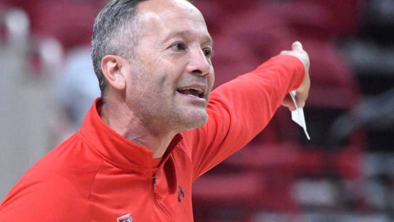 Texas Tech's head men's basketball coach Grant McCasland gives instructions during the team's first practice, Thursday, Sept. 28, 2023, at the United Supermarkets Arena.