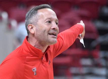 Texas Tech's head men's basketball coach Grant McCasland gives instructions during the team's first practice, Thursday, Sept. 28, 2023, at the United Supermarkets Arena.
